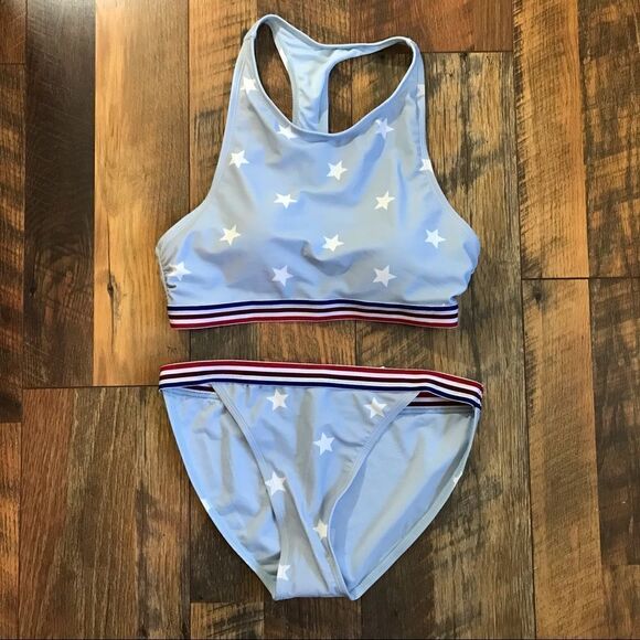 No Boundaries 2-PC Light Blue with stars Modest top Bikini Bathing Suit Sz 11/13 - Picture 1 of 5